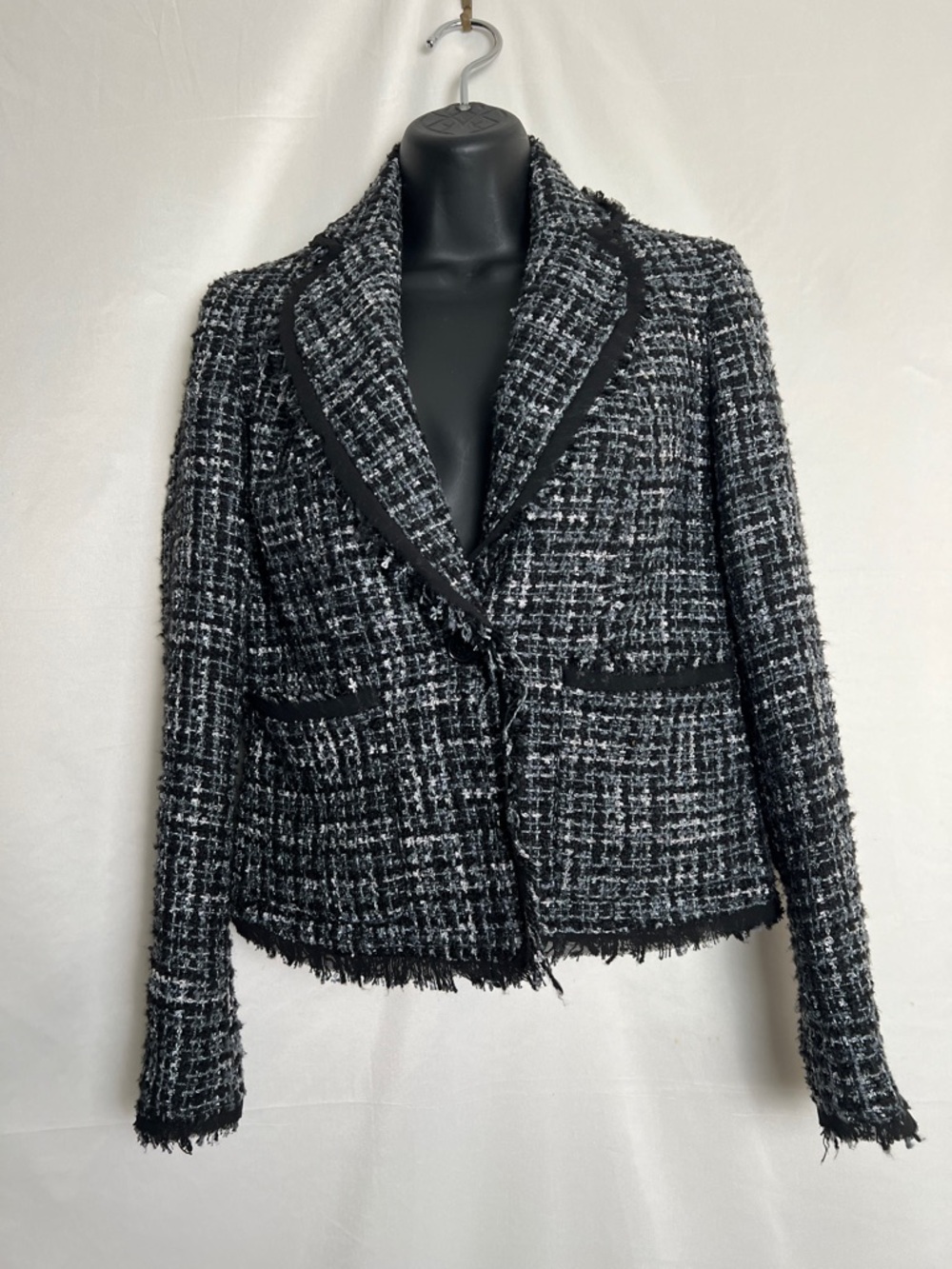 Anne Klein Black & White Tweed Frayed Edge Blazer